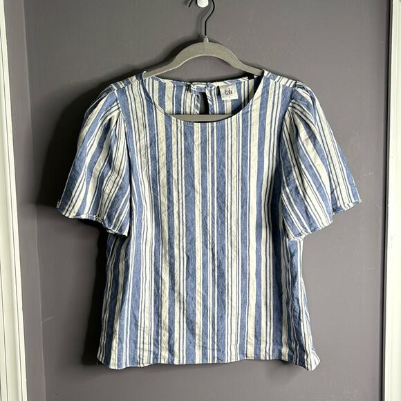 Cabi Blue and White Striped Short Puff Sleeve Blouse Small Cutout Size Small - Picture 9 of 9